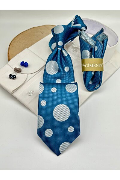 Gutiero Petrol Blue Polka Dot Classic Tie with Handkerchief