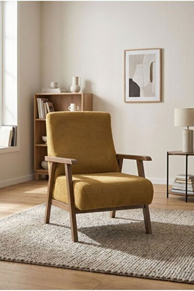 Hamdeko Hera Hardal Sarı Kumaş Berjer | Ahşap Kollu Modern Tekli Koltuk