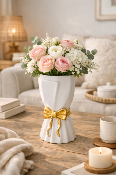 PELIUS مزهرية مزخرفة بفيونكة 18 سم - منتج أنيق لتزيين المنزل