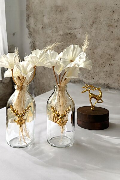 GİSVOL Set of 2 Transparent Glass Vases with Gold Deer Figures - Decorative B...