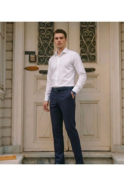 DEFES Men's Navy Blue Regular No-Cuff Trousers