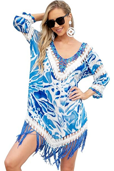OEM Short beach dress, lace poncho with rustic pattern, one size fits all, blue