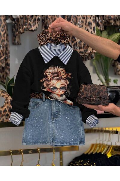 aynuraa Комплект от 5 части с леопардов принт: пола, риза, чанта, колан, пуловер