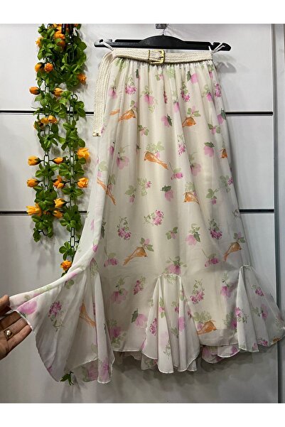 edu collection Patterned Chiffon Skirt with Flounce, Lined, Belt Included, Gi...