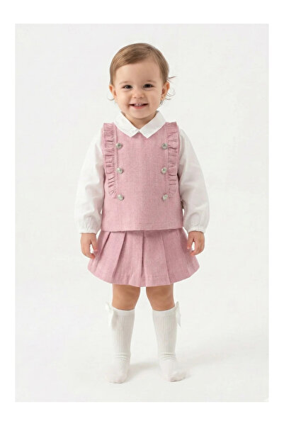 Mini Baray Girl's Style Tweed Vest and Shorts Set - Rose