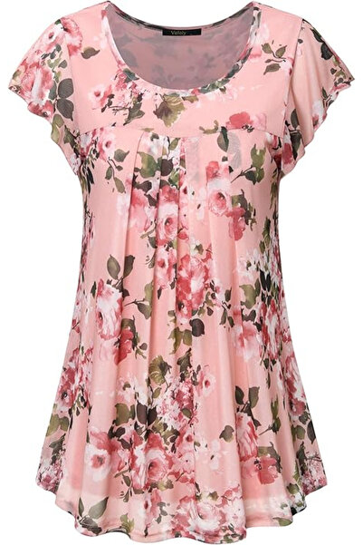 OEM Women's casual blouse, thin, breathable, short sleeves, Pink with flowers M