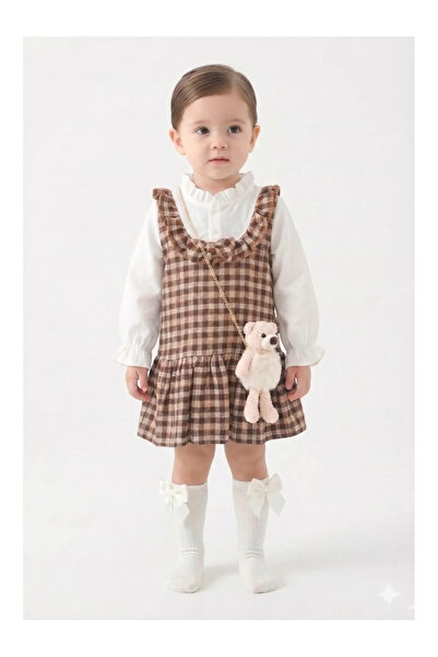 Mini Baray Girl's Brown Plaid Gilet Dress Set - Brown