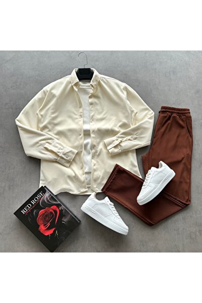 tetramoda طقم قميص وبنطلون رجالي من قماش الريبون العثماني بقصة عادية، مجموعة ...