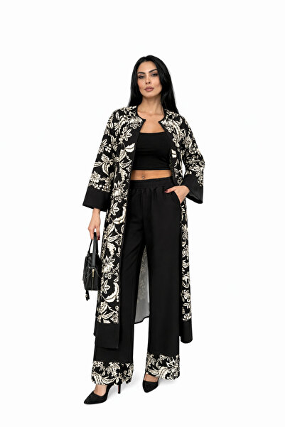 WellWay Atlas Fabric Floral Patterned Tunic Shirt & Trousers Floral 2-Piece S...