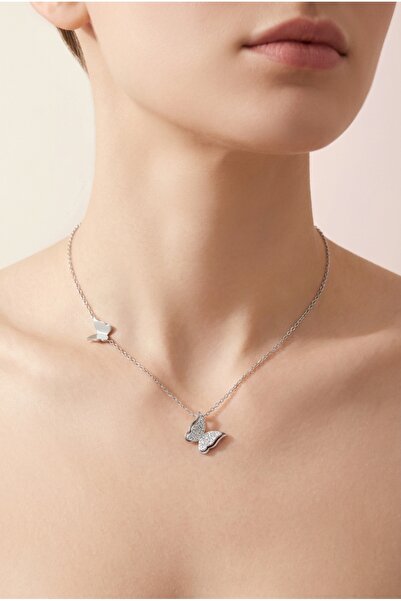 staınless steel Zarif Çoklu Kelebek Detaylı Gümüş Kadın Çelik Kolye