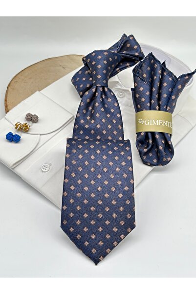 Gutiero Navy Blue Patterned Classic Tie with Handkerchief