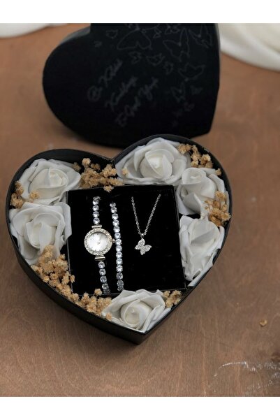 Denseden Özel Tasarım Romantik Saat Seti Özel Çiçek Süslü Kalp Kutuda Sevgili...