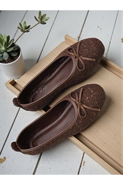 HFKY Tweed Fabric Bow Detailed Round Toe Ballerinas.