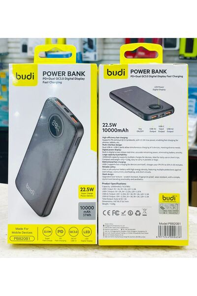 Budi Bodi Power Bank, 10000mAh (37Wh) capacity. 22.5W fast charging.