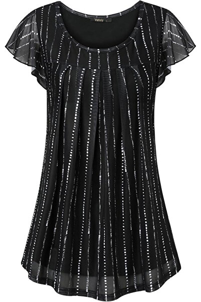 OEM Women's casual blouse, thin, breathable, short sleeves, black with stripe...