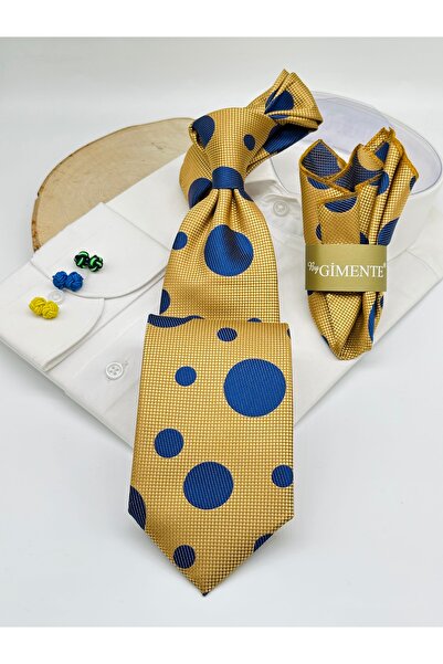 Gutiero Yellow Navy Blue Polka Dot Classic Tie with Handkerchief