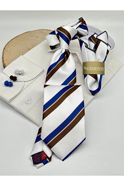 Gutiero White and Brown Striped Classic Tie with Handkerchief