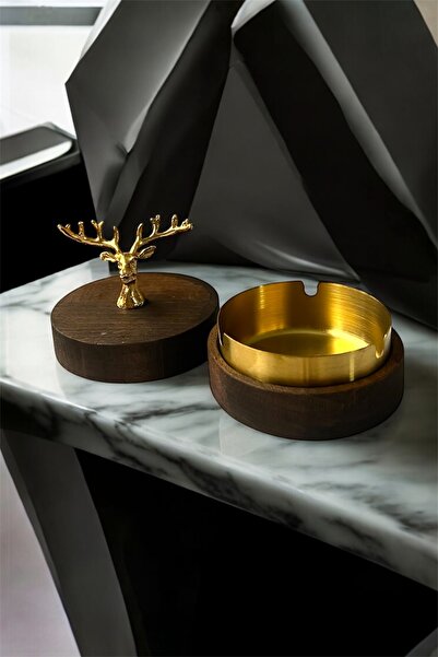 GİSVOL Ashtray Wooden Large Horned Deer Decorative Ashtray, Ashtray Dark Gold...