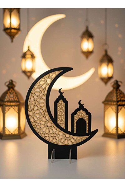 KRISTALAZER Ahşap Hilal ve Cami Figürlü Ramazan Dekoru – Masa Üstü Süs