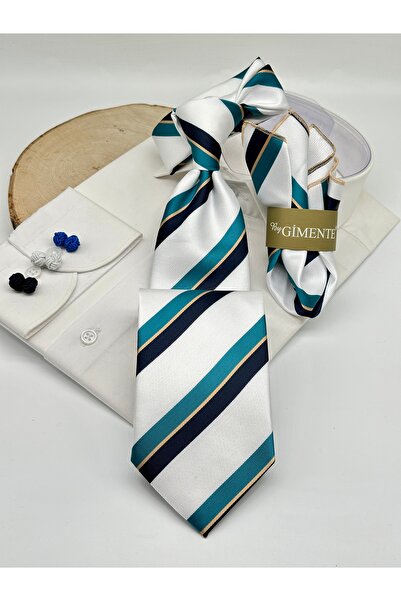 Gutiero Classic Tie with White Turquoise Stripes and Handkerchief