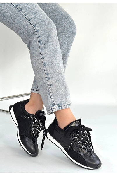 Alfanora Reat Black Leather Lace-Up Parachute Detailed Sports Shoes