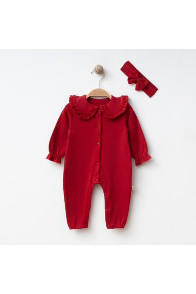 O Baby Kız Bebek Papatya Yaka Dantelli Tulum ve Fiyonklu Bandana Çiçek İşleme...