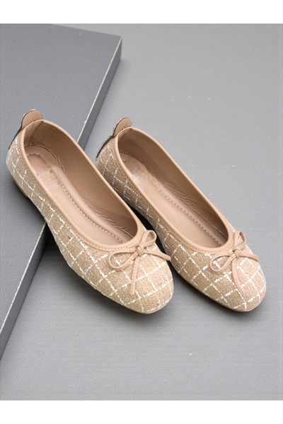 HFKY Tweed Fabric Bow Detailed Round Toe Ballerinas.