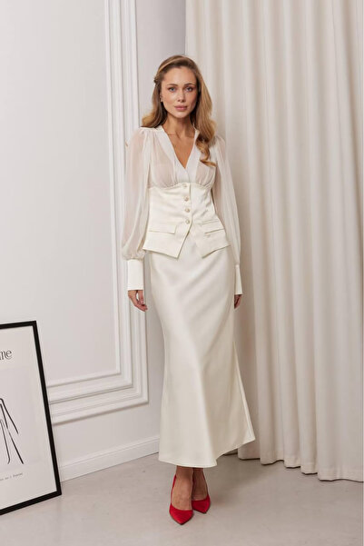 Julidress Chiffon Garnished Pearl Buttoned Blouse and Maxi Skirt Premium Sati...