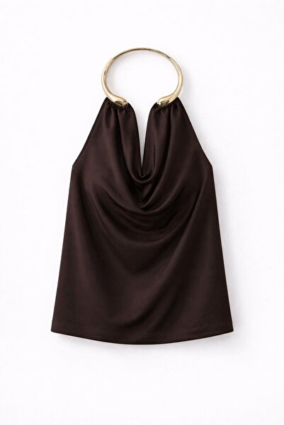 HAZELANNA Coffee-Colored Blouse with Gold Accessories