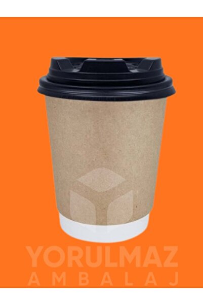 yorulmaz ambalaj 8 Oz Kraft Double Wall Kapaklı Karton Bardak 12’li Paket – I...