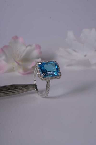 Aksesuaring Blue Topaz & Mozanet Taşlı Gümüş Yüzük