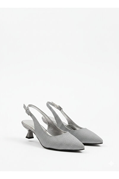 Tamdabu Ayakkabı Silvery Short-Heel Women's Shoes with Open Back and Heels