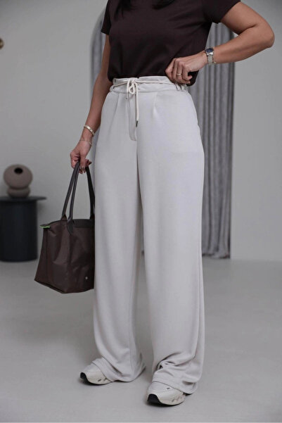 MetuCA Women's Ecru High-Waisted Tie-Up Wide-Leg Flowy Soft Modal Fabric Trou...