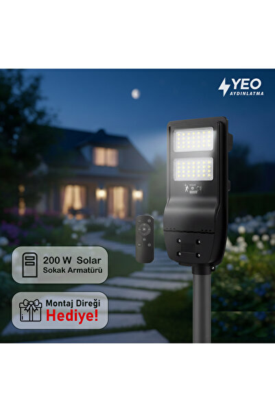 YEO AYDINLATMA 200W Solar Güneş Enerjili Sokak Armatürü - Uzaktan Kumandalı +...
