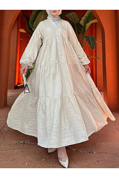 zem moda فستان إسلامي فضفاض متعدد الطبقات بأزرار - أصفر