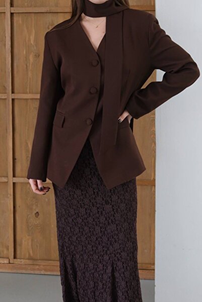 manana fashion Kahverengi Fular Detaylı Şık Blazer Ceket