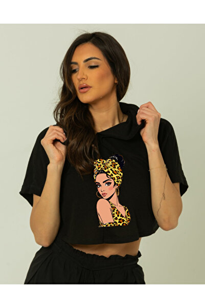 SUNFREE Trend Mix Mixed Printed Hooded Short Sleeve Women's Black Crop Tshirt