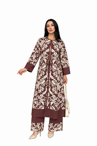 WellWay Atlas Fabric Floral Patterned Tunic Shirt & Trousers Floral 2-Piece S...