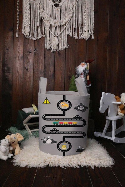 BelezaHome Children's and Baby's Room Toy Basket Gray Road Panda Patterned Fo...