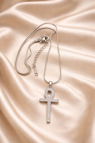 Ascera Ankh Yaşam Anahtarı Kolye – 316L Çelik Gümüş Renk Taşlı Kararmayan Kad...