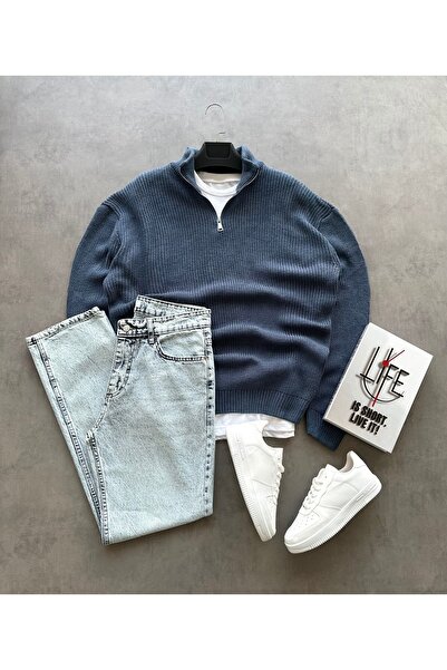 tetramoda سترة تريكو سيلانيك ذات ياقة مستقيمة ونصف سحاب وبنطلون جينز فضفاض، ط...