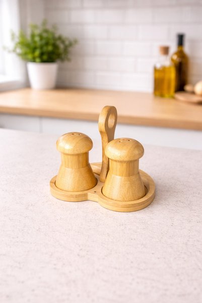 Home Bamboo 2-Piece Salt and Pepper Shakers with Bamboo Stand
