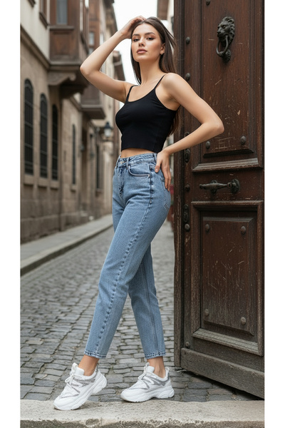 geenz manifacture Suzi Snow Blue Sa likrom Elastično Mom farmerke Pantalone