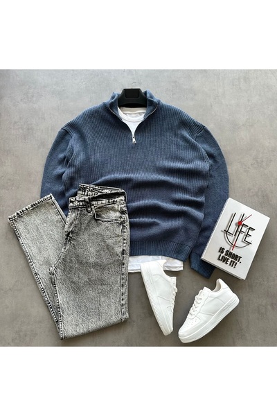 tetramoda Set de 2 piese: Pulover tricotat simplu cu guler înalt și fermoar p...