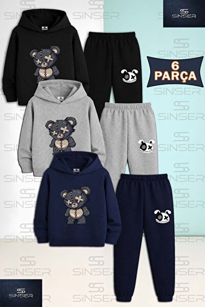 SS SİNSER Children's Unisex Gray 3-Piece Hooded Tracksuit Set with Bear Patch