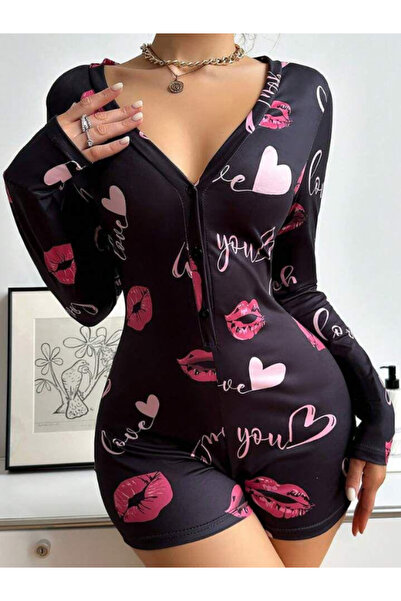 Shocks özgür ruhlara Siyah dudak baskılı pijama tulumu