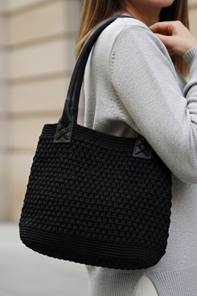 ESAHOME Makrome El Örgüsü Deri Askılı Özel Tasarım Siyah Omuz Çantası