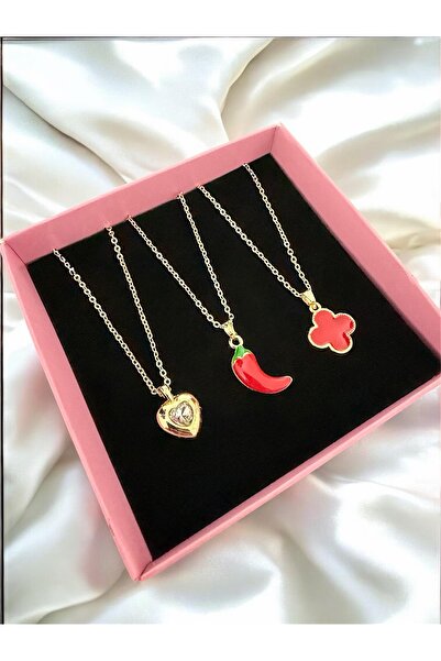 Madam Bikan Gold Renk Şanslı Kırmızı Biberli Kolye Kırmızı Yonca Beyaz Taşlı ...