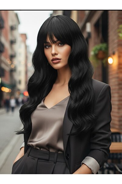 Handmade Siyah uzun hafif dalgalı peruk, ısıya dayanıklı duzlestirilebilir peruk