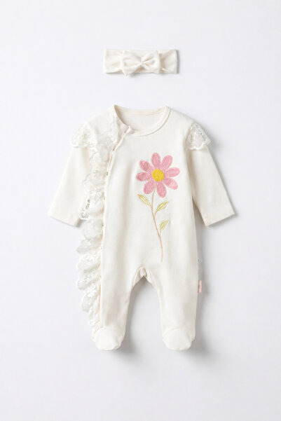 İZYALİF BABY Kız Bebek Dantelli Çiçekli Tulum Saç Bandı 2li Takım Set Pamuklu...